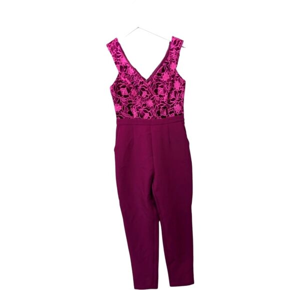 Adelyn Rae fuchsia pink jumpsuit lace velvet floral sleeveless size S - Picture 2 of 9